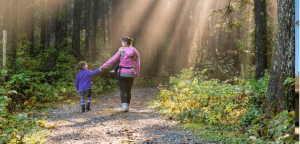 A serene forest scene with sunlight streaming through the trees as a woman and a child walk hand in hand along a path in springville ut